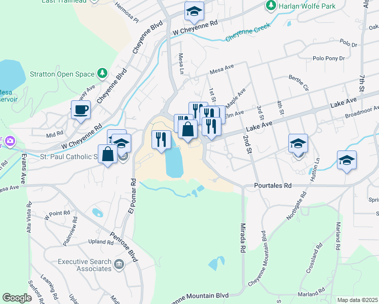 map of restaurants, bars, coffee shops, grocery stores, and more near 1 Pourtales Road in Colorado Springs