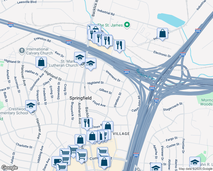 map of restaurants, bars, coffee shops, grocery stores, and more near 6907 Highland Street in Springfield