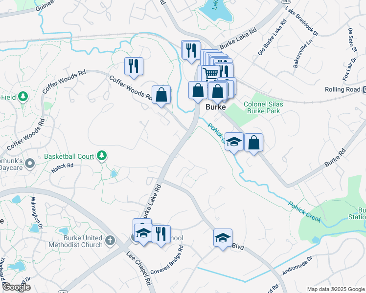 map of restaurants, bars, coffee shops, grocery stores, and more near 9537 Burke Lake Road in Burke