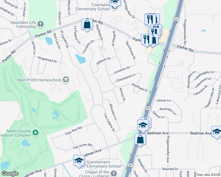 map of restaurants, bars, coffee shops, grocery stores, and more near 11667 Esperanza Drive in Florissant