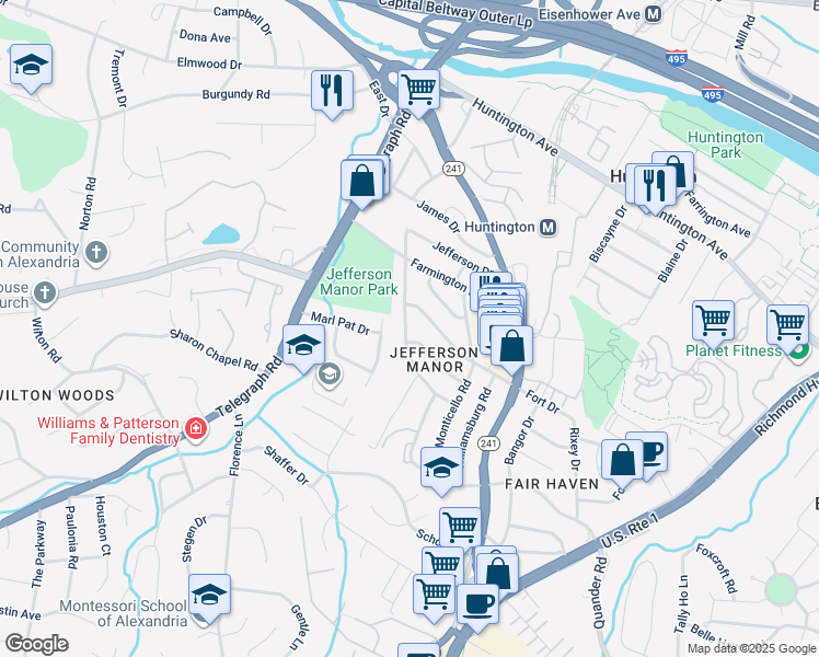 map of restaurants, bars, coffee shops, grocery stores, and more near 5863 Edgehill Drive in Alexandria