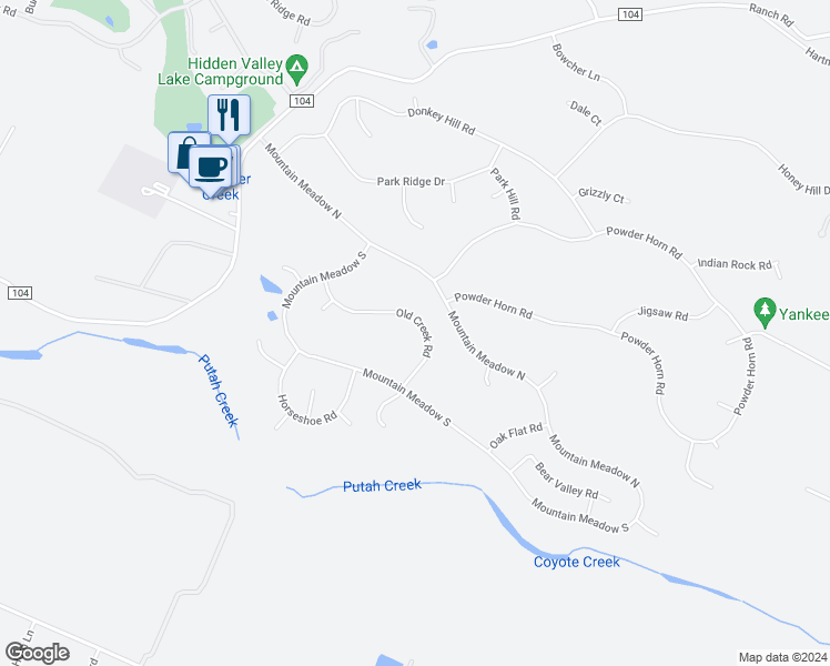 map of restaurants, bars, coffee shops, grocery stores, and more near 19555 Old Creek Road in Hidden Valley Lake