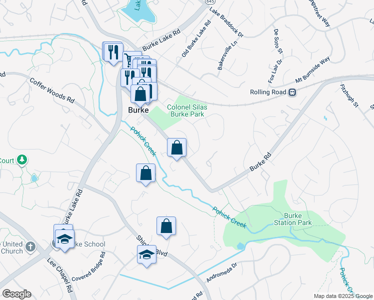 map of restaurants, bars, coffee shops, grocery stores, and more near 5842 Crowfoot Drive in Burke