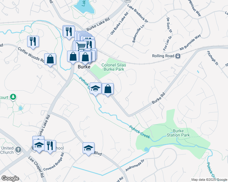 map of restaurants, bars, coffee shops, grocery stores, and more near 5842 Crowfoot Drive in Burke