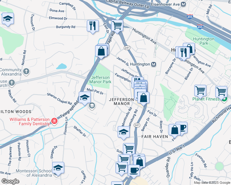 map of restaurants, bars, coffee shops, grocery stores, and more near 5863 Edgehill Drive in Alexandria