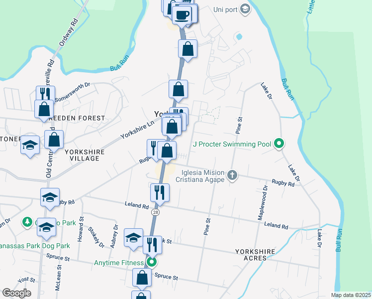 map of restaurants, bars, coffee shops, grocery stores, and more near 7638 Chestnut Street in Manassas