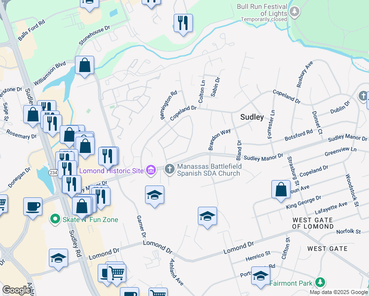 map of restaurants, bars, coffee shops, grocery stores, and more near 7611 Quail Run Lane in Manassas