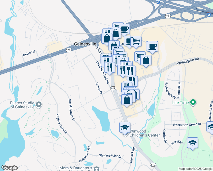 map of restaurants, bars, coffee shops, grocery stores, and more near 7634 Old Linton Hall Road in Gainesville