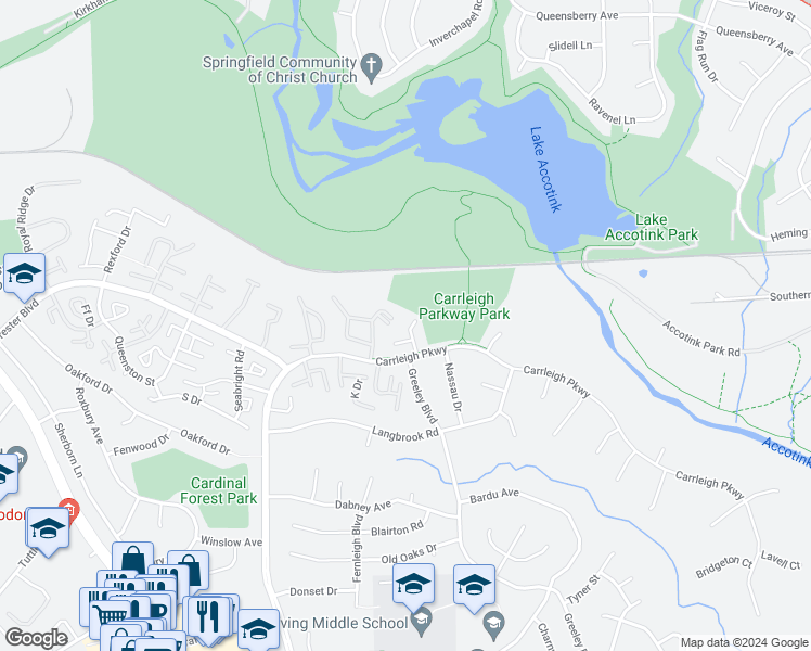 map of restaurants, bars, coffee shops, grocery stores, and more near 5924 Minutemen Road in West Springfield