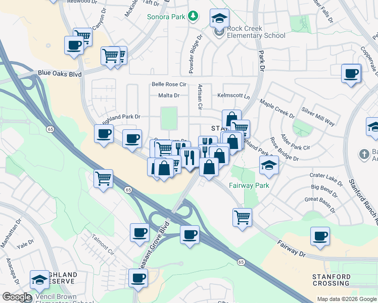 map of restaurants, bars, coffee shops, grocery stores, and more near 7465 Greenburn Drive in Roseville