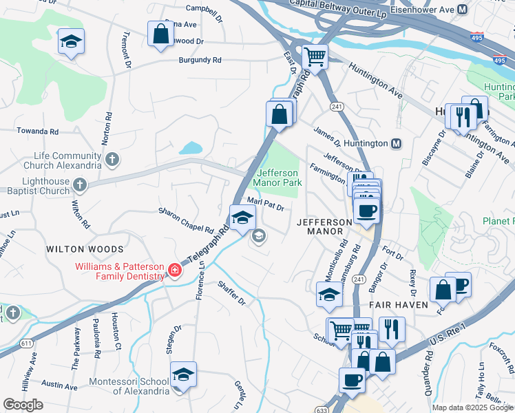 map of restaurants, bars, coffee shops, grocery stores, and more near 3103 Marl Pat Drive in Alexandria