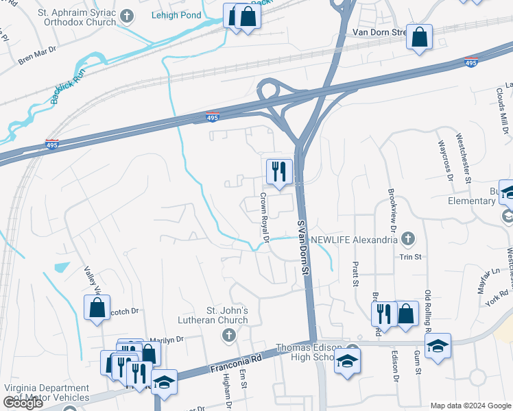 map of restaurants, bars, coffee shops, grocery stores, and more near 5920 Founders Crossing Court in Alexandria