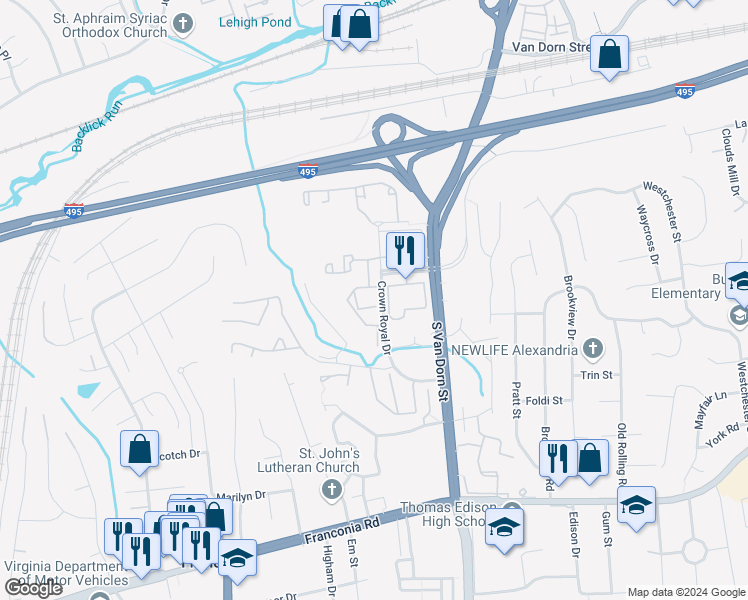 map of restaurants, bars, coffee shops, grocery stores, and more near 5920 Founders Crossing Court in Alexandria