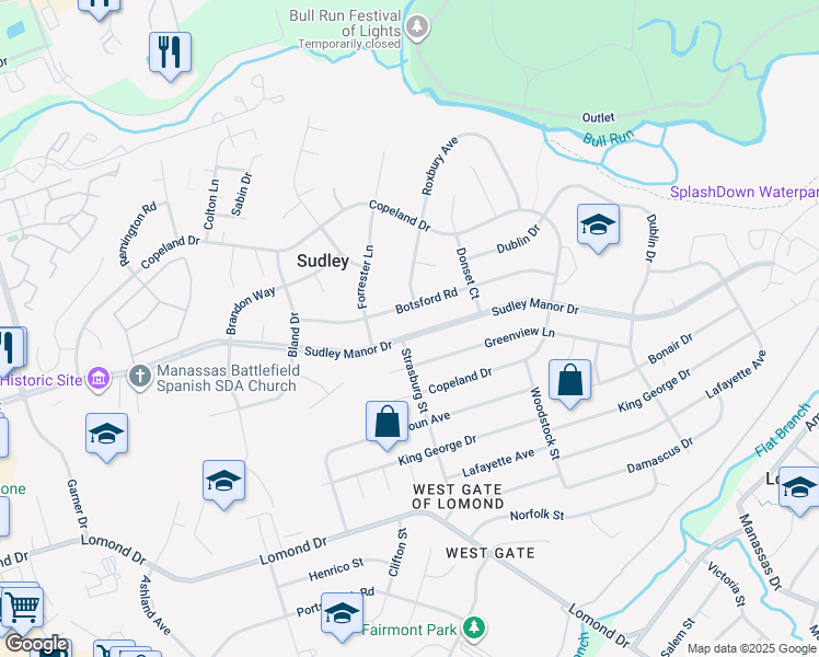 map of restaurants, bars, coffee shops, grocery stores, and more near 9818 Sudley Manor Drive in Manassas