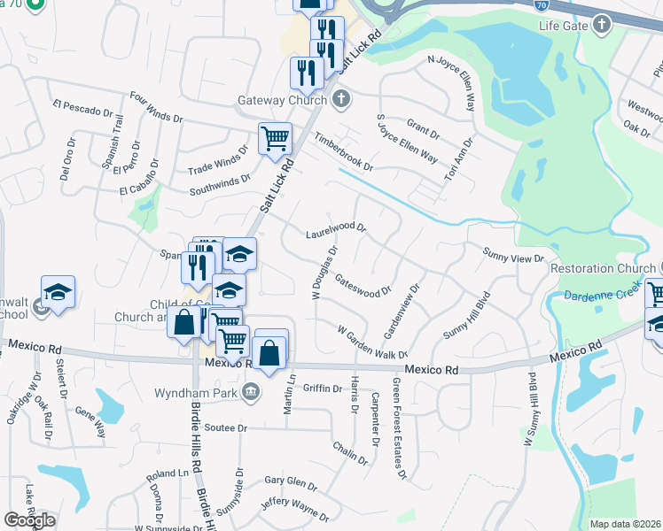 map of restaurants, bars, coffee shops, grocery stores, and more near 20 Gateswood Drive in Saint Peters
