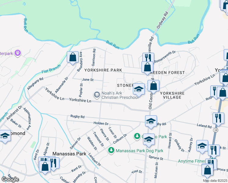 map of restaurants, bars, coffee shops, grocery stores, and more near 7575 Whitehall Drive in Manassas