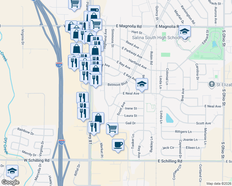 map of restaurants, bars, coffee shops, grocery stores, and more near 100 West Neal Avenue in Salina