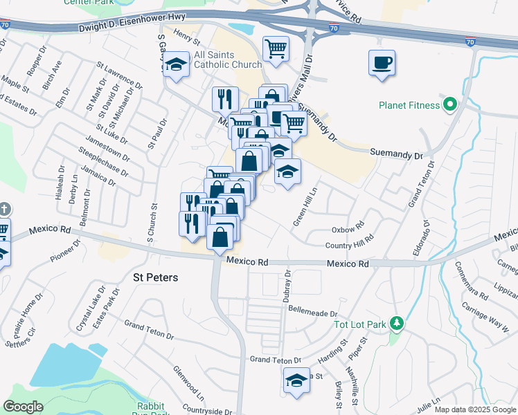 map of restaurants, bars, coffee shops, grocery stores, and more near 336 Mid Rivers Mall Drive in St. Peters