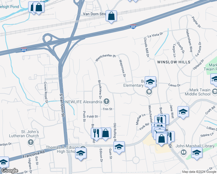 map of restaurants, bars, coffee shops, grocery stores, and more near 5508 Brookland Road in Alexandria