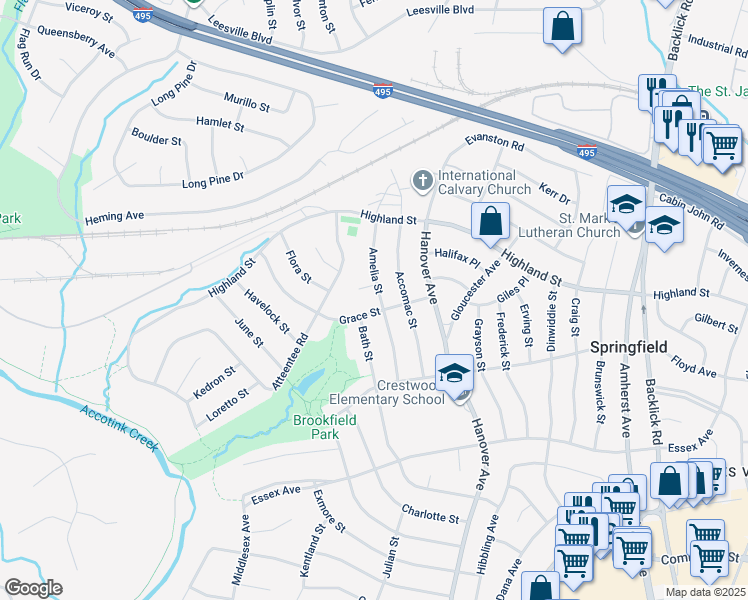 map of restaurants, bars, coffee shops, grocery stores, and more near 5820 Amelia Street in Springfield