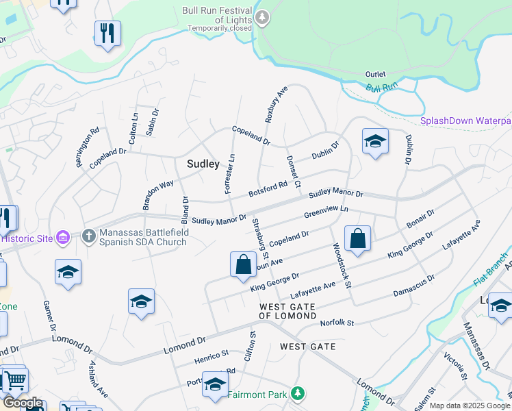 map of restaurants, bars, coffee shops, grocery stores, and more near 9818 Sudley Manor Drive in Manassas