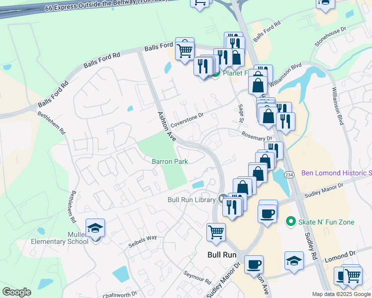 map of restaurants, bars, coffee shops, grocery stores, and more near 10898 Wild Ginger Circle in Manassas
