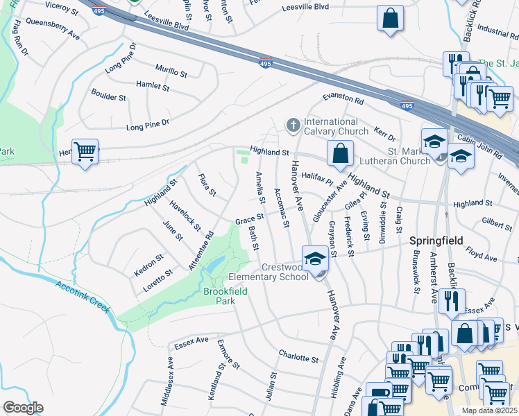 map of restaurants, bars, coffee shops, grocery stores, and more near 5820 Amelia Street in Springfield