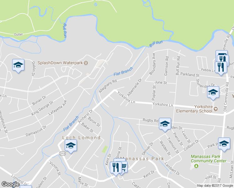 map of restaurants, bars, coffee shops, grocery stores, and more near 9111 Yorkshire Lane in Manassas