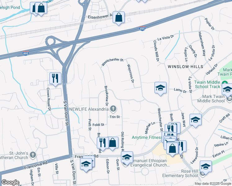 map of restaurants, bars, coffee shops, grocery stores, and more near 5508 Brookland Road in Alexandria