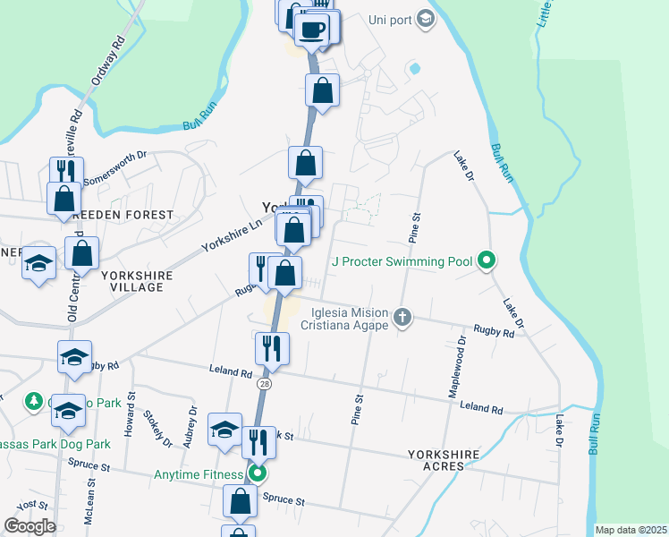 map of restaurants, bars, coffee shops, grocery stores, and more near 7633 Chestnut Street in Manassas