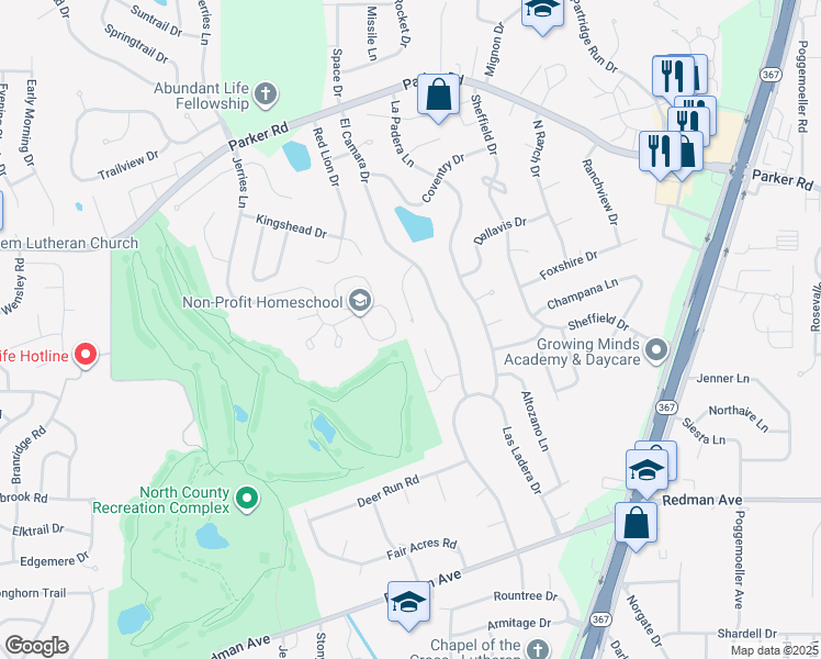 map of restaurants, bars, coffee shops, grocery stores, and more near 11900 Red Barn Court in Florissant