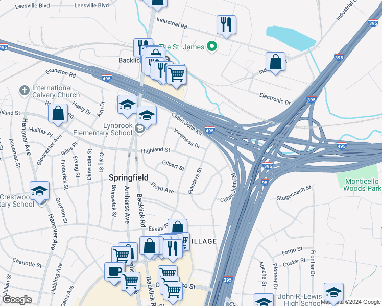 map of restaurants, bars, coffee shops, grocery stores, and more near 6826 Highland Street in Springfield