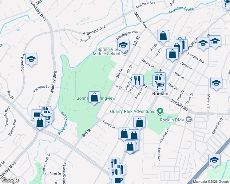 map of restaurants, bars, coffee shops, grocery stores, and more near 5305 5th Street in Rocklin