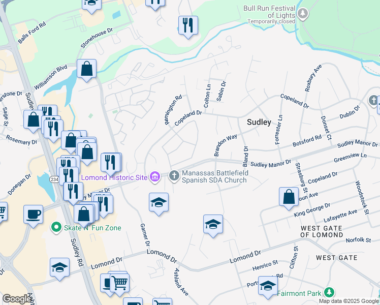map of restaurants, bars, coffee shops, grocery stores, and more near 7607 Quail Run Lane in Manassas