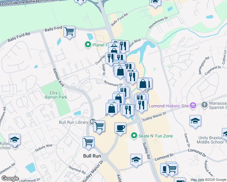 map of restaurants, bars, coffee shops, grocery stores, and more near 10701 Rosemary Drive in Manassas