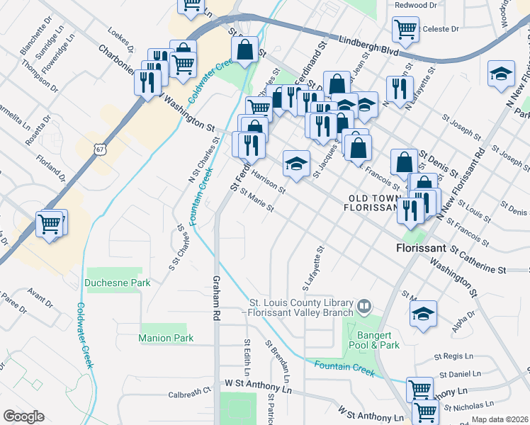 map of restaurants, bars, coffee shops, grocery stores, and more near 375 Saint Marie Street in Florissant
