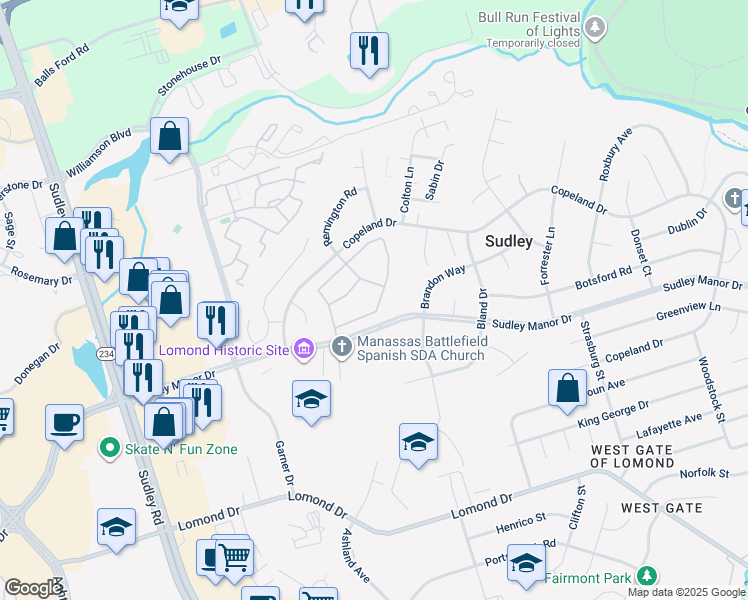 map of restaurants, bars, coffee shops, grocery stores, and more near 7607 Quail Run Lane in Manassas