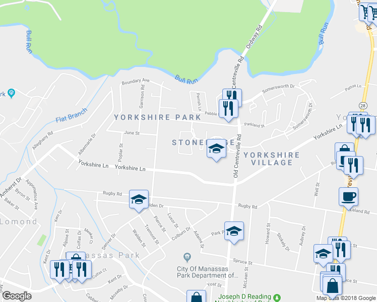 map of restaurants, bars, coffee shops, grocery stores, and more near 7654 Somerset Lane in Manassas