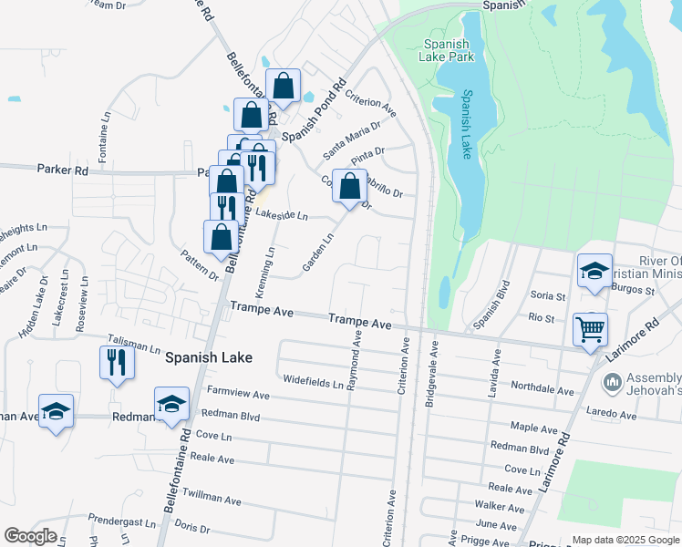 map of restaurants, bars, coffee shops, grocery stores, and more near 12087 Trampe Heights Lane in St. Louis