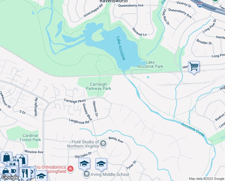 map of restaurants, bars, coffee shops, grocery stores, and more near 6001 Denton Court in West Springfield