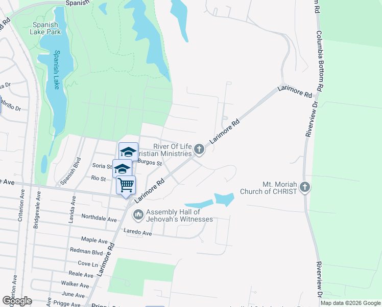 map of restaurants, bars, coffee shops, grocery stores, and more near 12103 Larimore Road in St. Louis