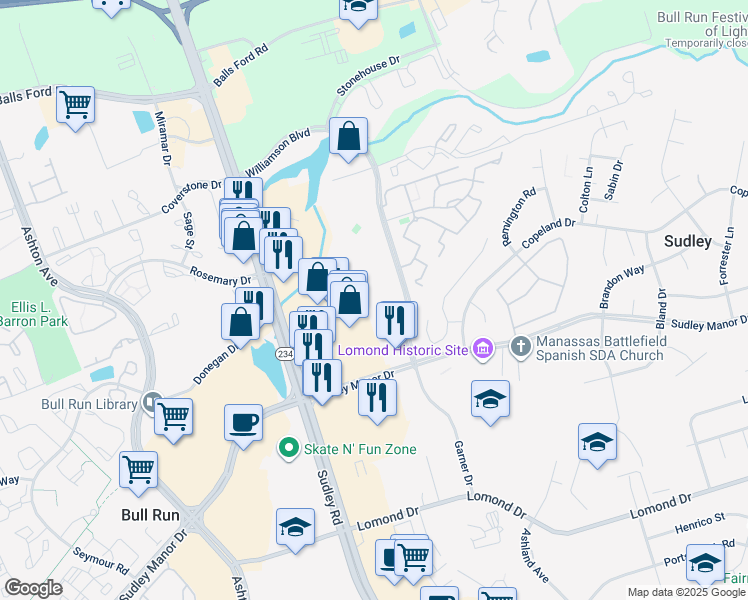 map of restaurants, bars, coffee shops, grocery stores, and more near 10529 Montrose Way in Manassas