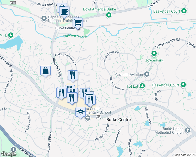 map of restaurants, bars, coffee shops, grocery stores, and more near 10190 Sassafras Woods Court in Burke