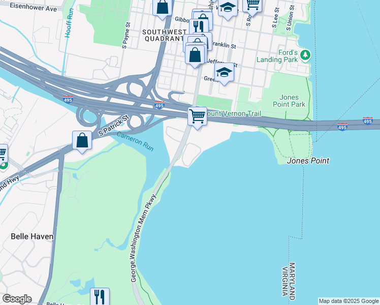 map of restaurants, bars, coffee shops, grocery stores, and more near 1250 South Washington Street in Alexandria