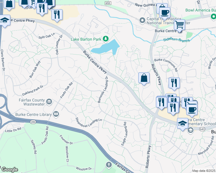 map of restaurants, bars, coffee shops, grocery stores, and more near 5935 Burnside Landing Drive in Burke
