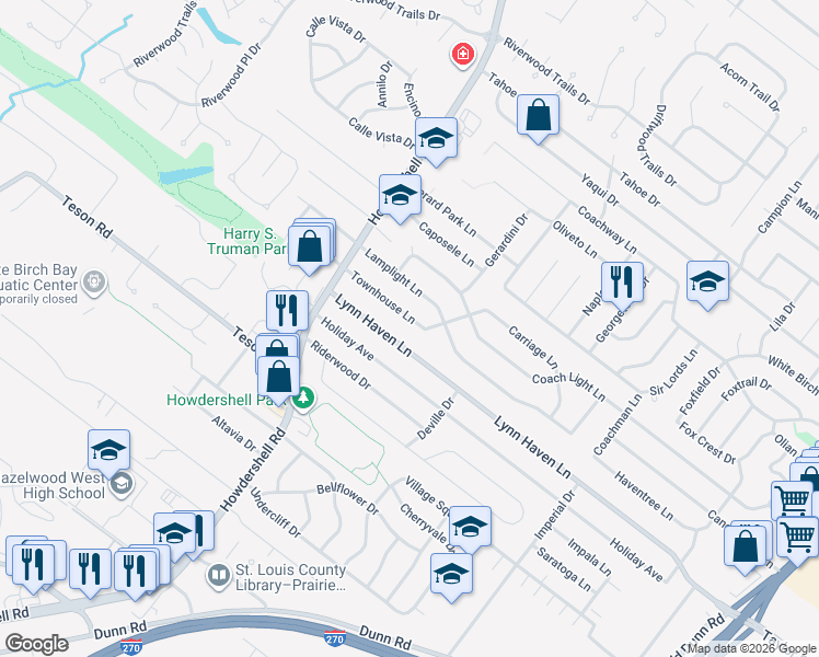 map of restaurants, bars, coffee shops, grocery stores, and more near 833 Townhouse Lane in Hazelwood