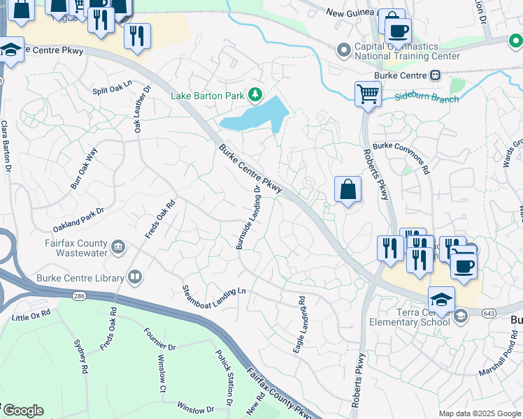 map of restaurants, bars, coffee shops, grocery stores, and more near 5935 Burnside Landing Drive in Burke