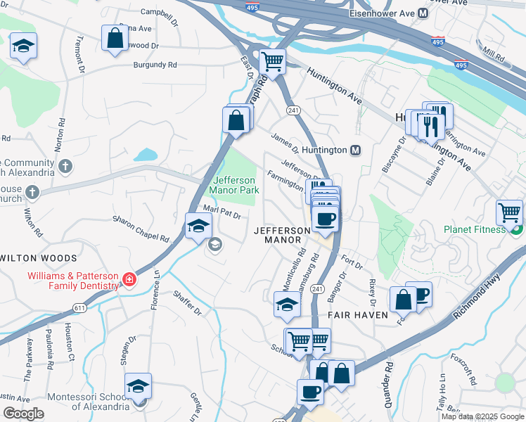 map of restaurants, bars, coffee shops, grocery stores, and more near Edgehill Drive in Alexandria