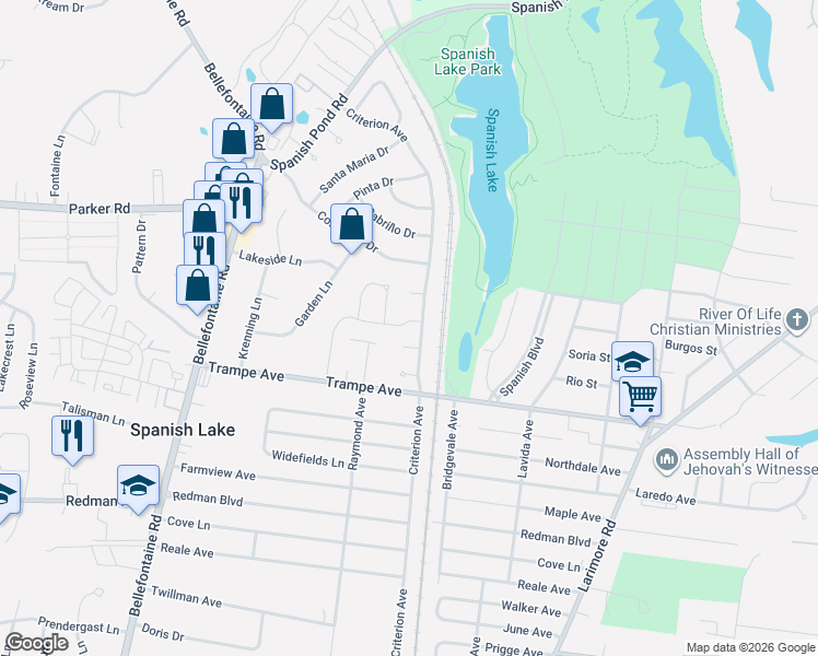map of restaurants, bars, coffee shops, grocery stores, and more near 12128 Trampe Heights Lane in St. Louis