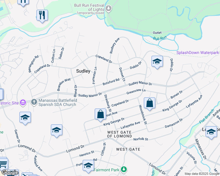 map of restaurants, bars, coffee shops, grocery stores, and more near 9814 Sudley Manor Drive in Manassas